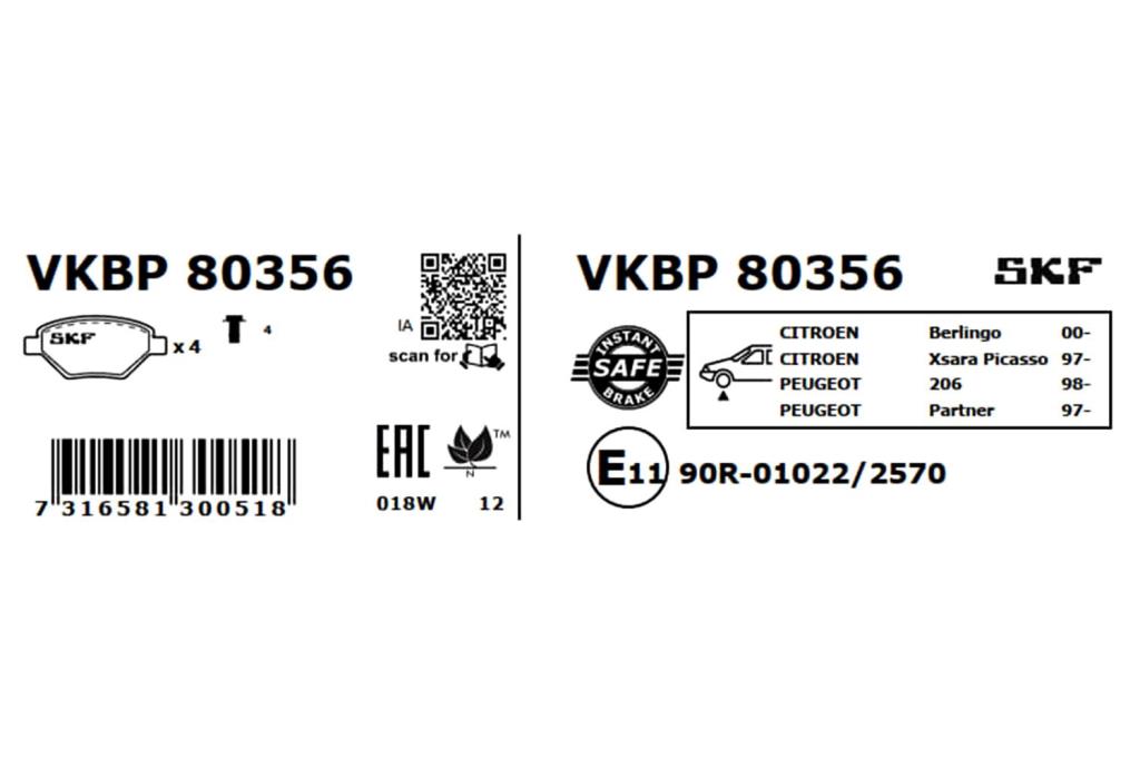 Jogo de 4 pastilhas de travão SKF ref. VKBP 80356